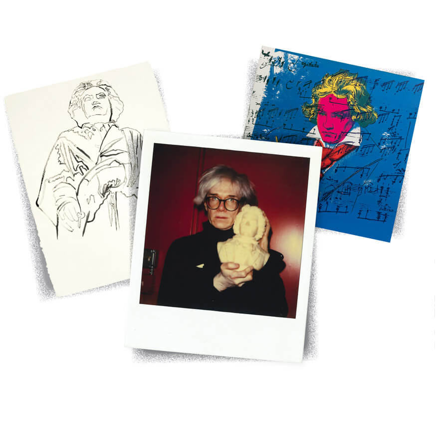 Collage aus einer Beethoven-Zeichnung, einem Polaroid von Andy Warhol mit Beethoven-Büste und dem Siebdruck, Beethoven 1987