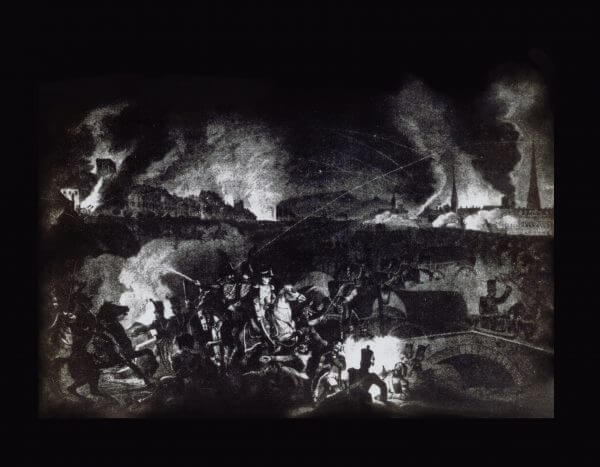 THE BOMBARDMENT OF VIENNA BY FRENCH TROOPS, AQUATINT ETCHING BY BENEDIKT PIRINGER AFTER A DRAWING BY JOHANN NEPOMUK HOECHLE (1790–1835)