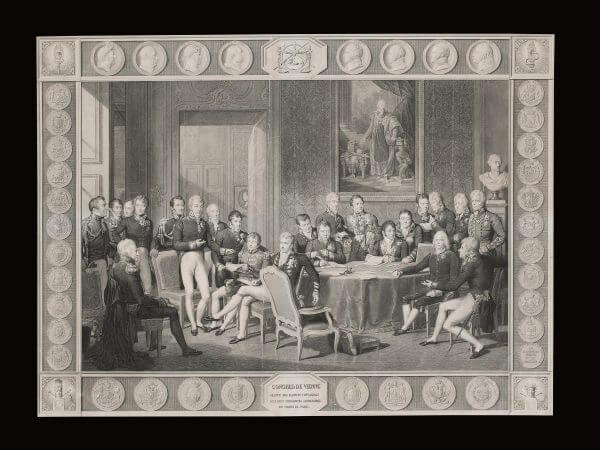 THE CONGRESS OF VIENNA: GROUP PORTRAIT OF THE AUTHORISED DIPLOMATS, 1819, COPPERPLATE ENGRAVING BY JEAN GODEFROY AFTER JEAN-BAPTISTE ISABEY (1767–1855)defroy nach Jean-Baptiste Isabey