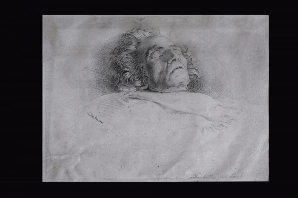 JOSEF DANHAUSER (1805–1845): BEETHOVEN ON HIS DEATHBED, 27 MARCH 1827, LITHOGRAPH AFTER HIS OWN DRAWING