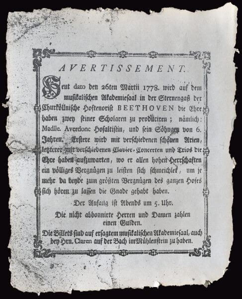 ANNOUNCEMENT OF BEETHOVEN’S FIRST CONCERT ON 26 MARCH 1778